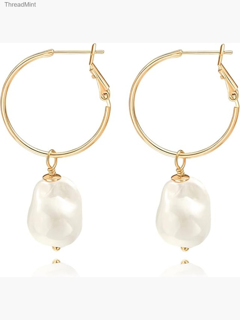 Gold Plated Huggie Hoop Earrings With Pearl Charms Drop Dangle Lightweight